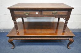 AN EDWARDIAN MAHOGANY COFFEE TABLE with two drawers, width 108cm x depth 54cm x height 53cm, and