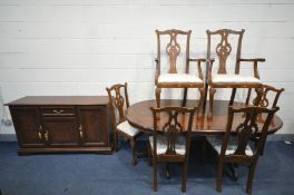 A REPRODUCTION MAHOGANY AND BURR WOOD DINING TABLE, on a twin pedestal base, all labelled Novalinea,