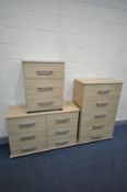 THREE BEECH EFFECT CHEST OF DRAWERS, to include a tall chest of five drawers, low chest of six