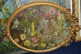 AN OIL ON CANVAS DEPICTING BIRDS AND FLOWERS, INDISTINTLY SIGNED, set into a mirror frame, maximum