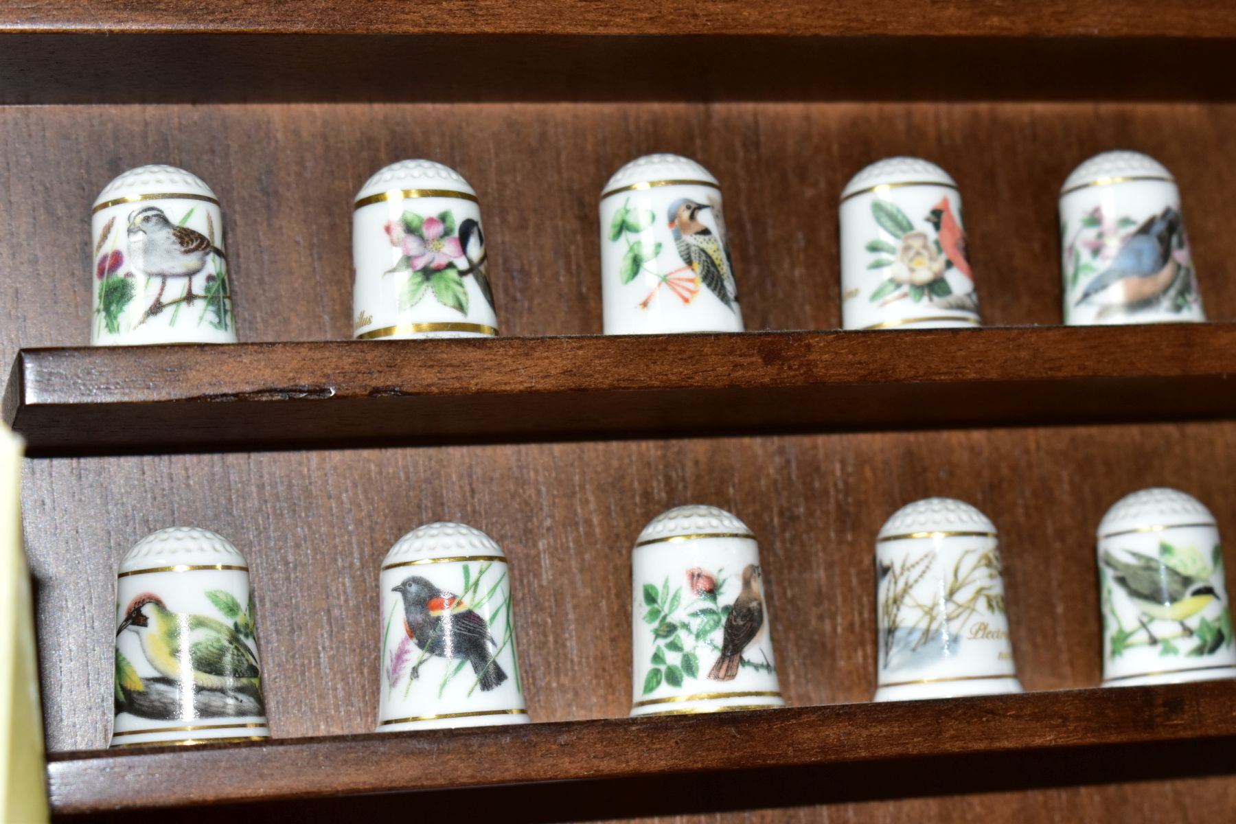 TWO WALL HANGING THIMBLE DISPLAY SHELVES CONTAINING MODERN PORCELAIN THIMBLES, comprising a set of - Image 14 of 15