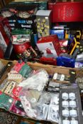 TWO BOXES OF CHRISTMAS LIGHTS, CARD HOLDERS, SUCTION CUPS, CANDLES, VARIOUS OTHER LED ITEMS ETC,