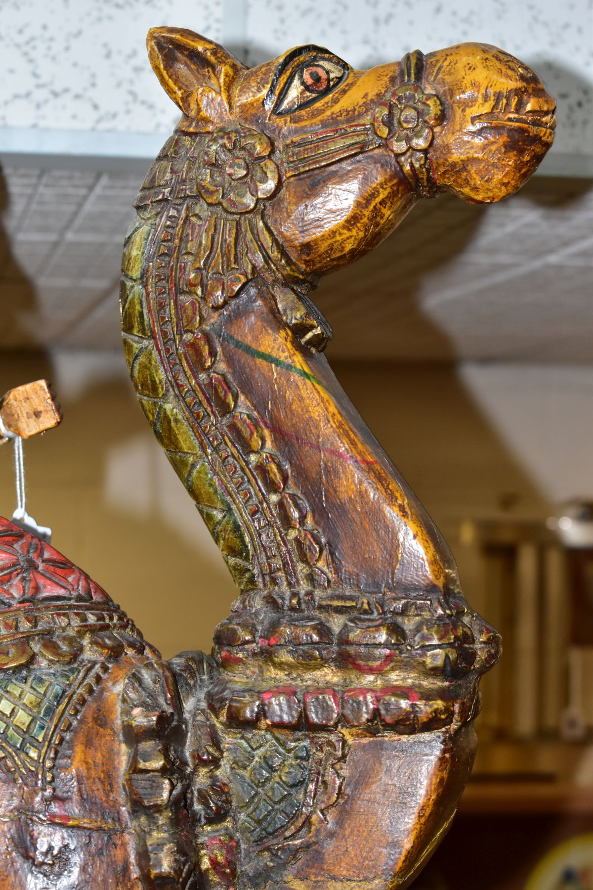 A LARGE WOODEN CARVED CAMEL WITH RIDERS, with carved and painted details, it may depict the - Image 7 of 9
