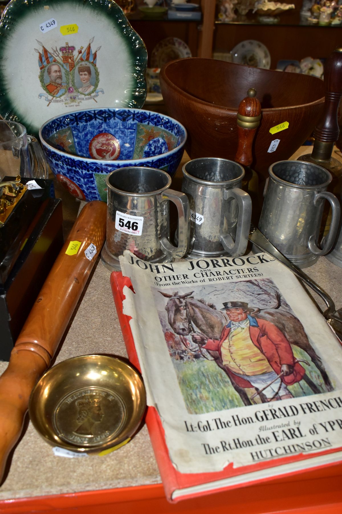 A GROUP OF METALWARE, TREEN, CERAMICS, GLASS TANKARD, ETC, including a Tudric pewter mug, no.0358,