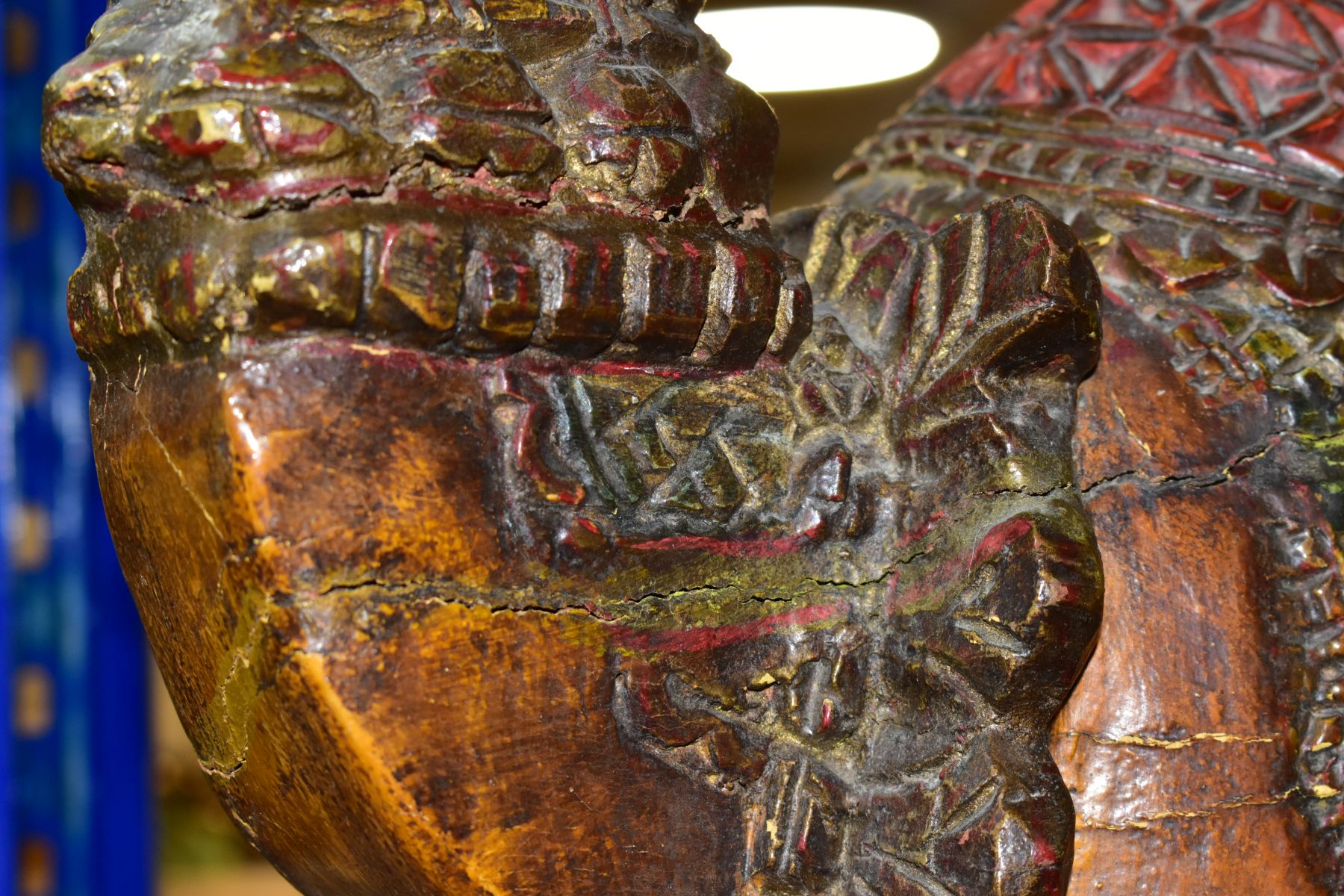 A LARGE WOODEN CARVED CAMEL WITH RIDERS, with carved and painted details, it may depict the - Image 8 of 9