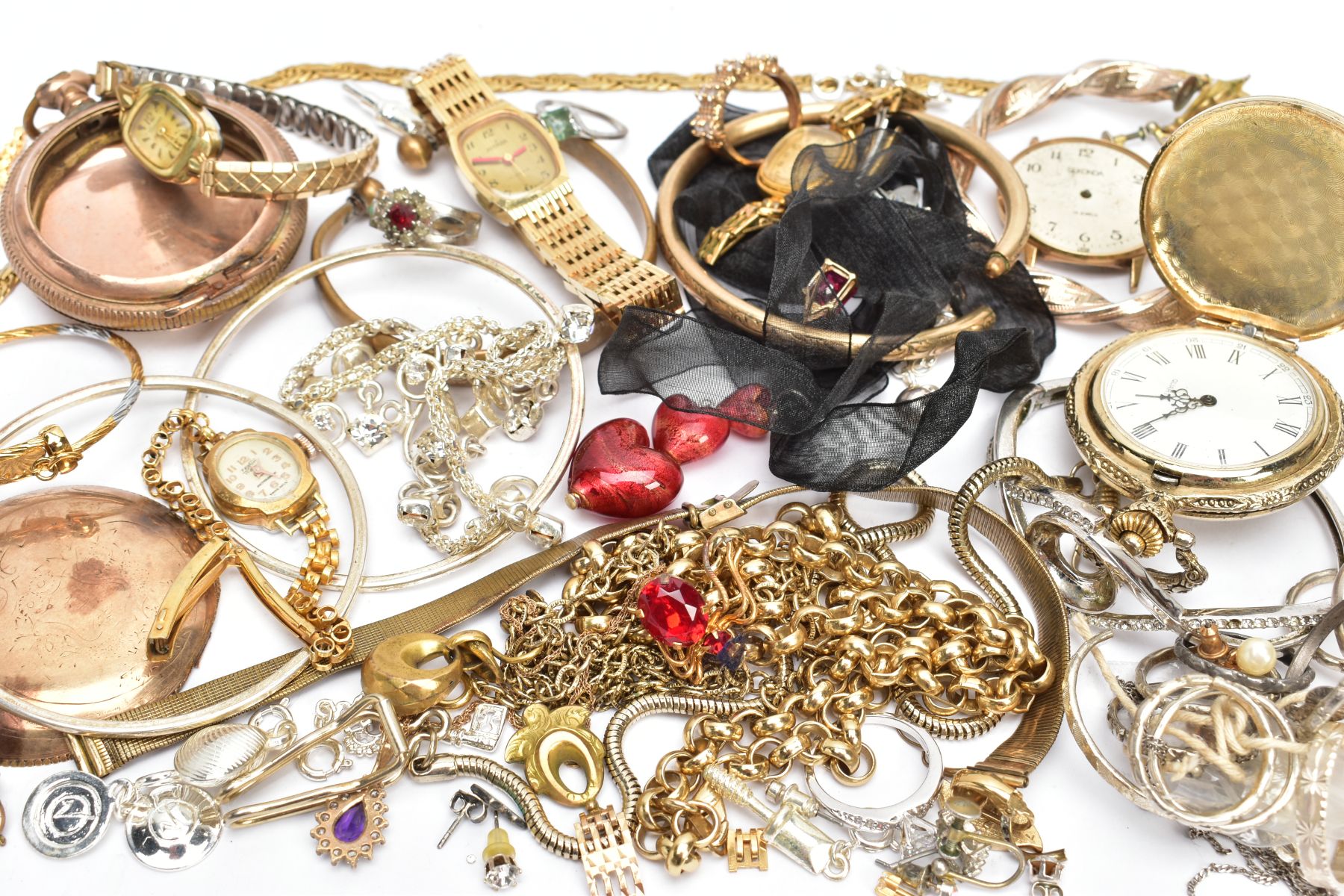 A BAG OF ASSORTED COSTUME JEWELLERY AND ITEMS, to include a yellow metal belcher chain, a yellow - Image 6 of 6
