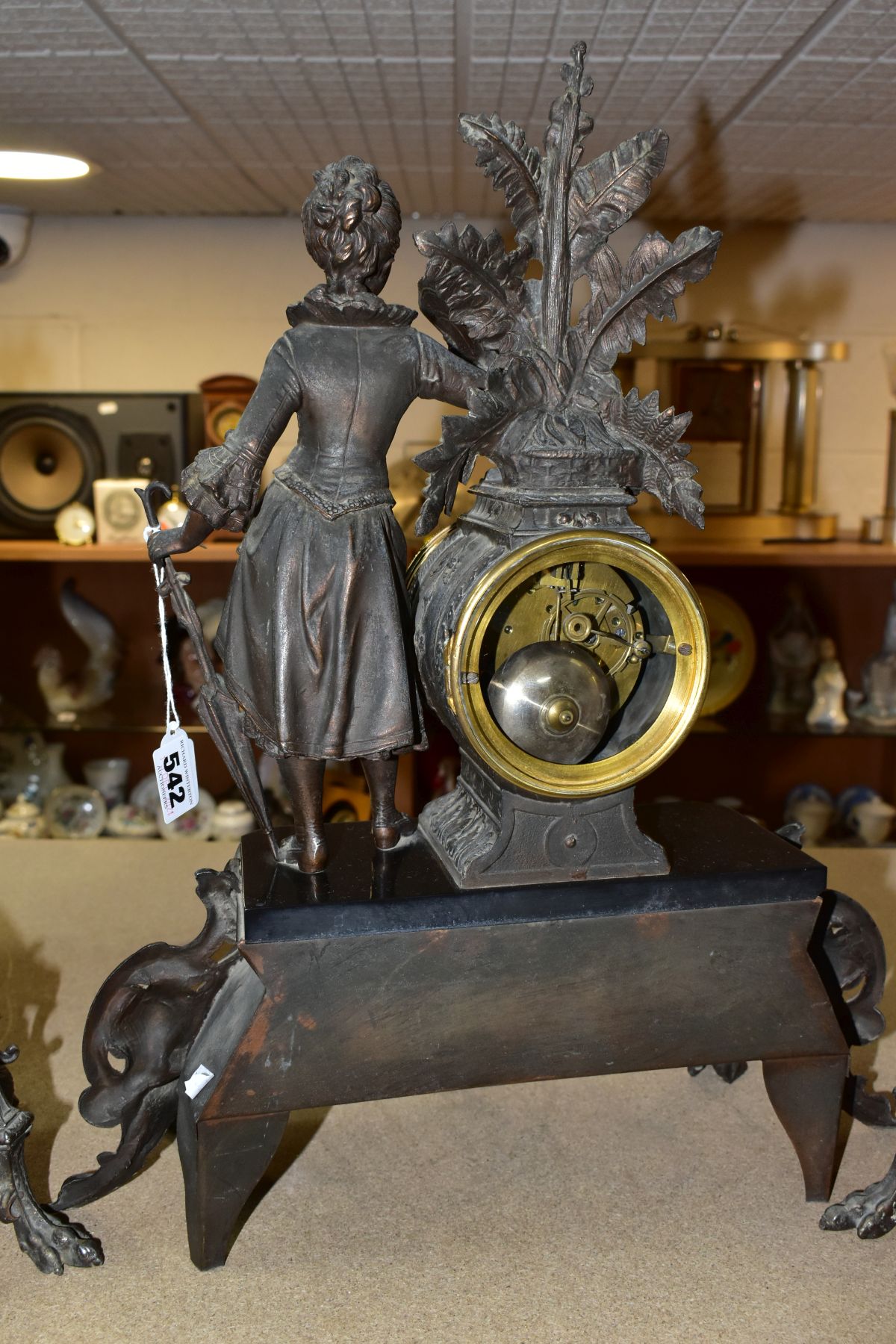 A LATE 19TH CENTURY BRONZED SPELTER AND BLACK SLATE CLOCK GARNITURE, the mantel clock with figure of - Image 11 of 14