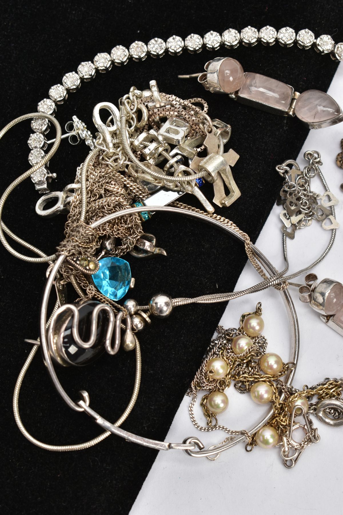 A SELECTION OF WHITE METAL JEWELLERY, to include quartz drop earrings, a cubic zirconia tennis - Image 3 of 3