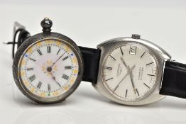 A GENTLEMENS 'LONGINES' WRISTWATCH AND A LADYS OPEN FACE POCKET WATCH, round silver dial signed '