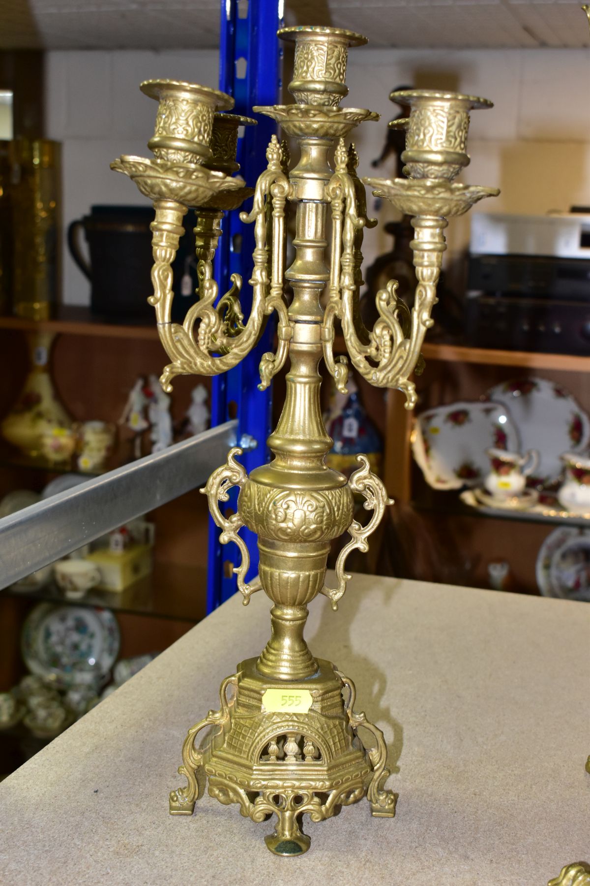 THREE BRASS CANDELABRA, one large candelabrum with five branches around a central sconce, the stem - Image 3 of 15