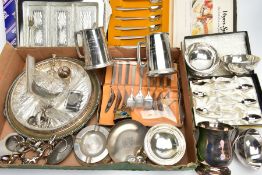 A BOX OF ASSORTED WHITE METAL ITEMS, to include two pewter tankards each with a personalised