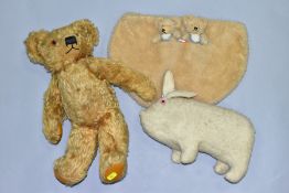 A MERRYTHOUGHT TEDDYBEAR, jointed body, golden plush, felt pads, plastic eyes and label to one