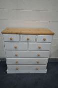 A PARTIALLY PAINTED AND PINE CHEST OF THREE SHORT AND FOUR LONG DRAWERS, width 107cm x depth 50cm