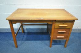 AN EARLY TO MID 20TH CENTURY OAK DESK, with two drawers, width 122cm x depth 69cm x height 76cm
