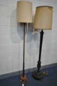 AN EARLY 20TH CENTURY ARTS AND CRAFTS STANDARD LAMP, with a thin octagonal upright and a shade,
