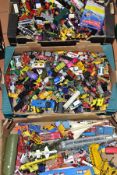 THREE BOXES OF PLAYWORN DIECAST VEHICLES ETC, to include a quantity of Matchbox cars, trucks and