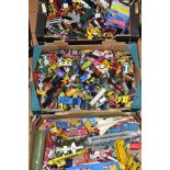 THREE BOXES OF PLAYWORN DIECAST VEHICLES ETC, to include a quantity of Matchbox cars, trucks and