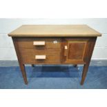 AN ARTS AND CRAFTS OAK SIDE CABINET, with two drawers and single cupboard door, width 89cm x depth