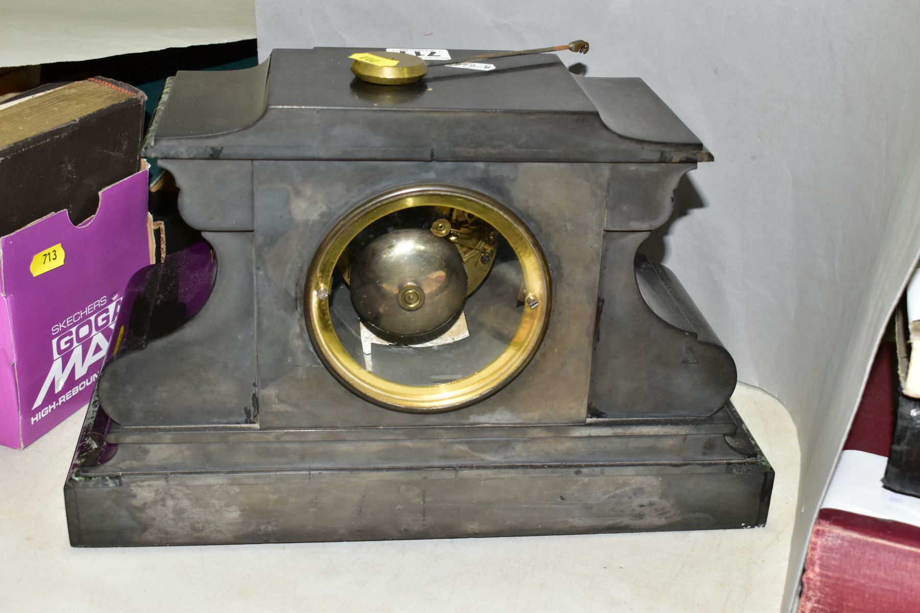 A LATE VICTORIAN BLACK SLATE AND MARBLE MANTEL CLOCK, the white enamel dial with Roman numerals, - Image 5 of 7