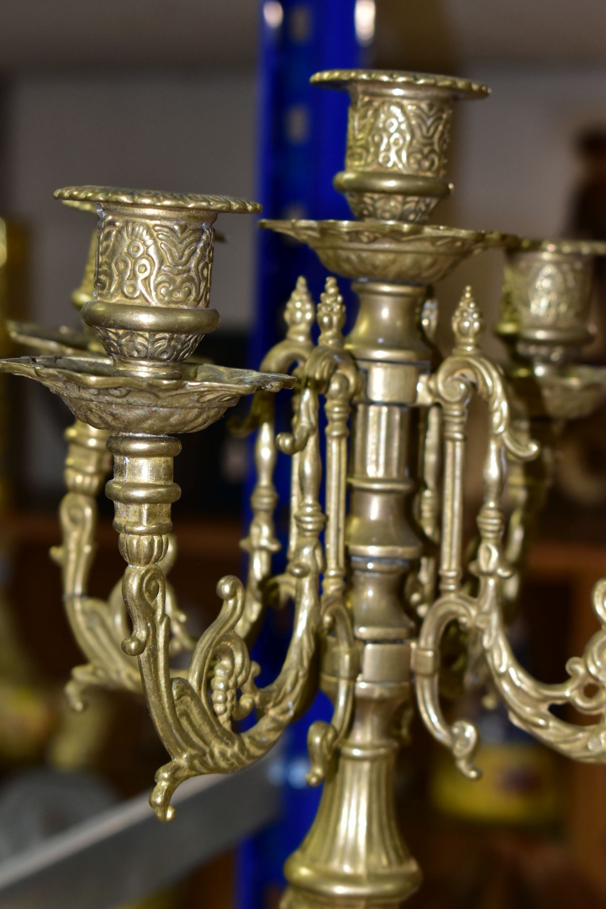 THREE BRASS CANDELABRA, one large candelabrum with five branches around a central sconce, the stem - Image 15 of 15