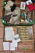 A BOX OF CHILDRENS VINTAGE TOYS ETC, comprising a distressed pyjama case in the form of a dog, a