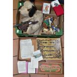 A BOX OF CHILDRENS VINTAGE TOYS ETC, comprising a distressed pyjama case in the form of a dog, a