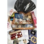 A LARGE BOX OF COINS AND COMMEMORATIVES, to include a 1953 QE proof year set of coins, a boxed royal