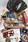 A LARGE BOX OF COINS AND COMMEMORATIVES, to include a 1953 QE proof year set of coins, a boxed royal