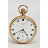 A 9CT GOLD OPEN FACE POCKET WATCH, white dial signed 'J.W.Benson, London', Roman numerals, seconds
