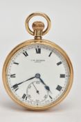 A 9CT GOLD OPEN FACE POCKET WATCH, white dial signed 'J.W.Benson, London', Roman numerals, seconds