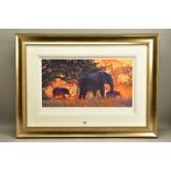 ROLF HARRIS (AUSTRALIAN 1930) 'BACKLIT GOLD' a limited edition print 99/195 depicting Elephants,