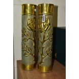 A PAIR OF EARLY 20TH CENTURY BRASS TRENCH ART VASES MADE FROM SHELL CASES, each embossed with a