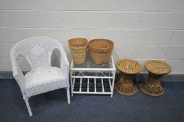 A PAIR OF WICKER STOOLS, on twist supports, diameter 34cm x height 41cm, and a painted wicker basket