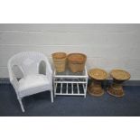 A PAIR OF WICKER STOOLS, on twist supports, diameter 34cm x height 41cm, and a painted wicker basket