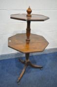 A REGENCY MAHOGANY OCTAGONAL TWO TIER DROP LEAF DUMBWAITER, turned supports on triple outsplayed