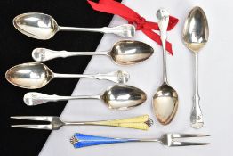 A SET OF SIX TEASPOONS AND TWO ENAMELLED FORKS, Hanoverian style teaspoons with engraved initials to