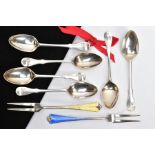 A SET OF SIX TEASPOONS AND TWO ENAMELLED FORKS, Hanoverian style teaspoons with engraved initials to