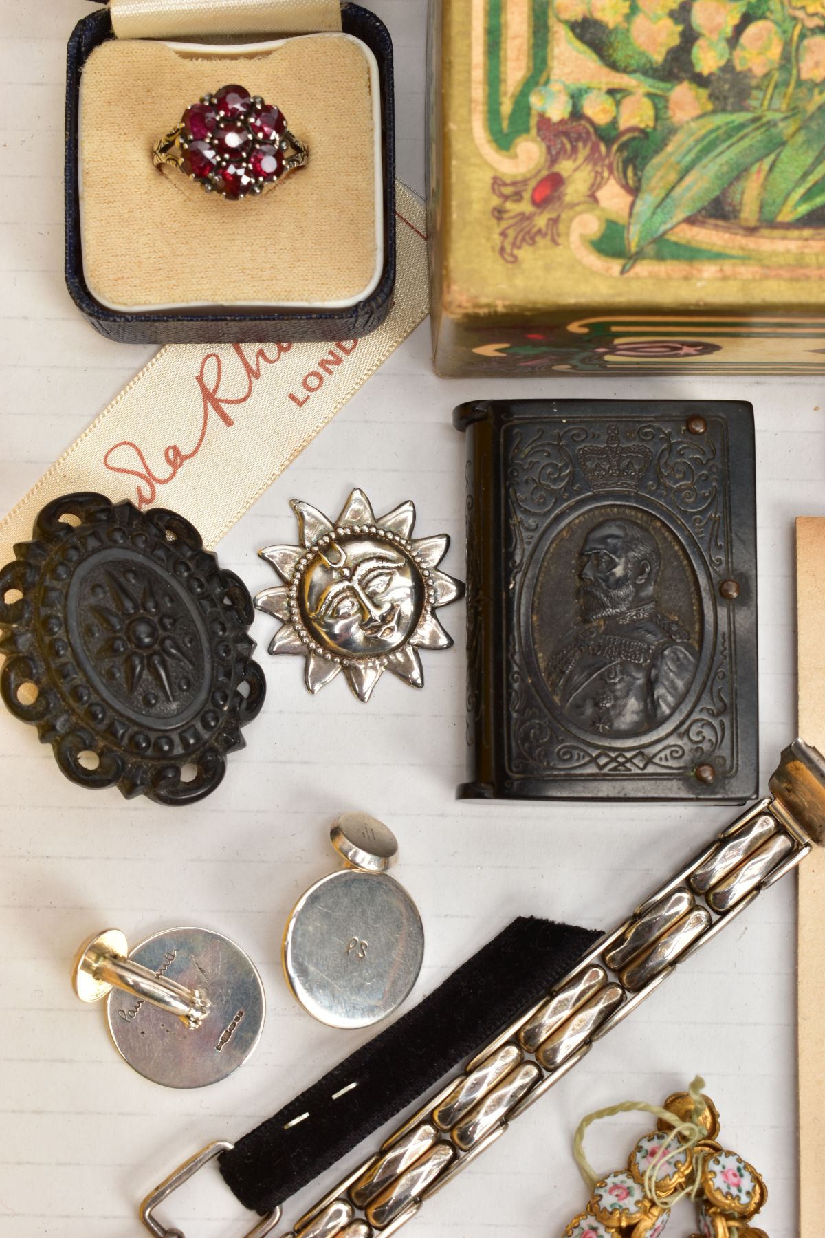 A BOX OF ASSORTED ITEMS, to include a boxed white metal garnet cluster ring, stamped 'Silver', - Image 2 of 8