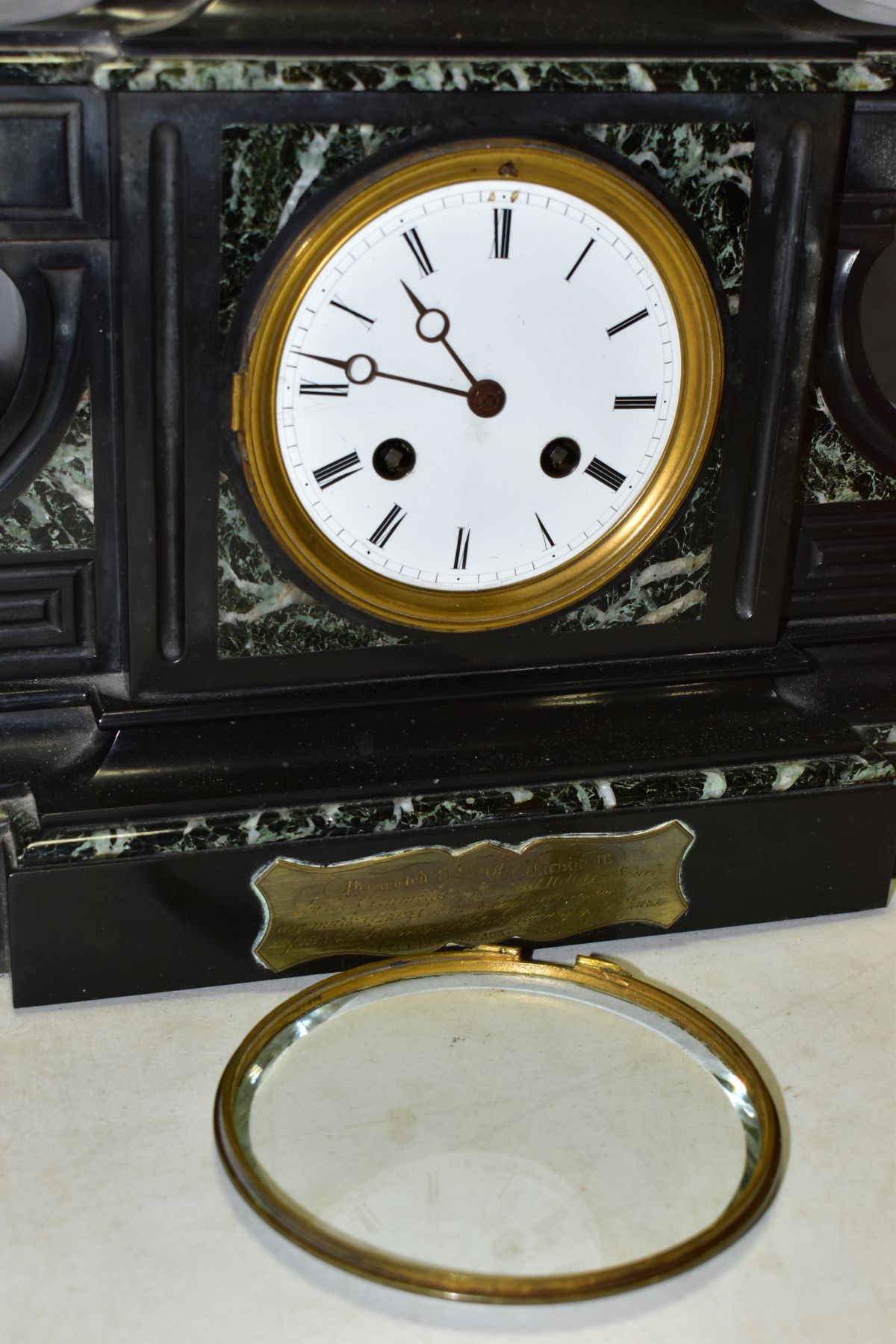 A LATE VICTORIAN BLACK SLATE AND MARBLE MANTEL CLOCK, the white enamel dial with Roman numerals, - Image 3 of 7