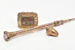 A VICTORIAN GOLD MOURNING BROOCH, PENCIL AND ACORN PENDANT, one gold mourning brooch with