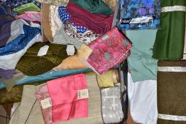 THREE BOXES OF VINTAGE FABRIC OFF CUTS ETC, to include Liberty of London silk fabric from Italy,