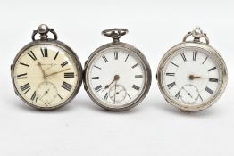 THREE SILVER OPENFACE POCKET WATCHES, the first with a round cream dial signed 'Improved Patent',