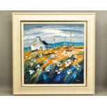 LYNN RODGIE (SCOTTISH CONTEMPORARY) 'WINDY HILLTOP FLOWERS', a Scottish landscape, signed bottom