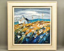 LYNN RODGIE (SCOTTISH CONTEMPORARY) 'WINDY HILLTOP FLOWERS', a Scottish landscape, signed bottom