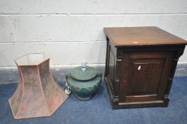 AN OAK STORAGE BOX, constructed with older timbers, with fielded panels, 46cm squared x height