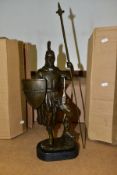 A REPRODUCTION BRONZE OF A ROMAN CENTURION, with marble style plinth, approximately 56cm x 16cm x