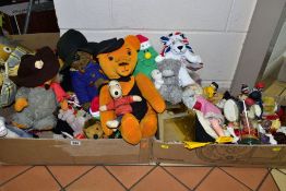 TWO BOXES OF SOFT TOYS, COSTUME DOLLS, ETC, including a Pedigree Womble (much loved), a plastic