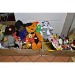 TWO BOXES OF SOFT TOYS, COSTUME DOLLS, ETC, including a Pedigree Womble (much loved), a plastic