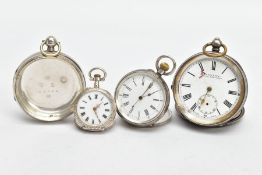 TWO OPEN FACE POCKET WATCHES, A POCKET WATCH CASE AND A SMALLER LADYS POCKET WATCH, to include a