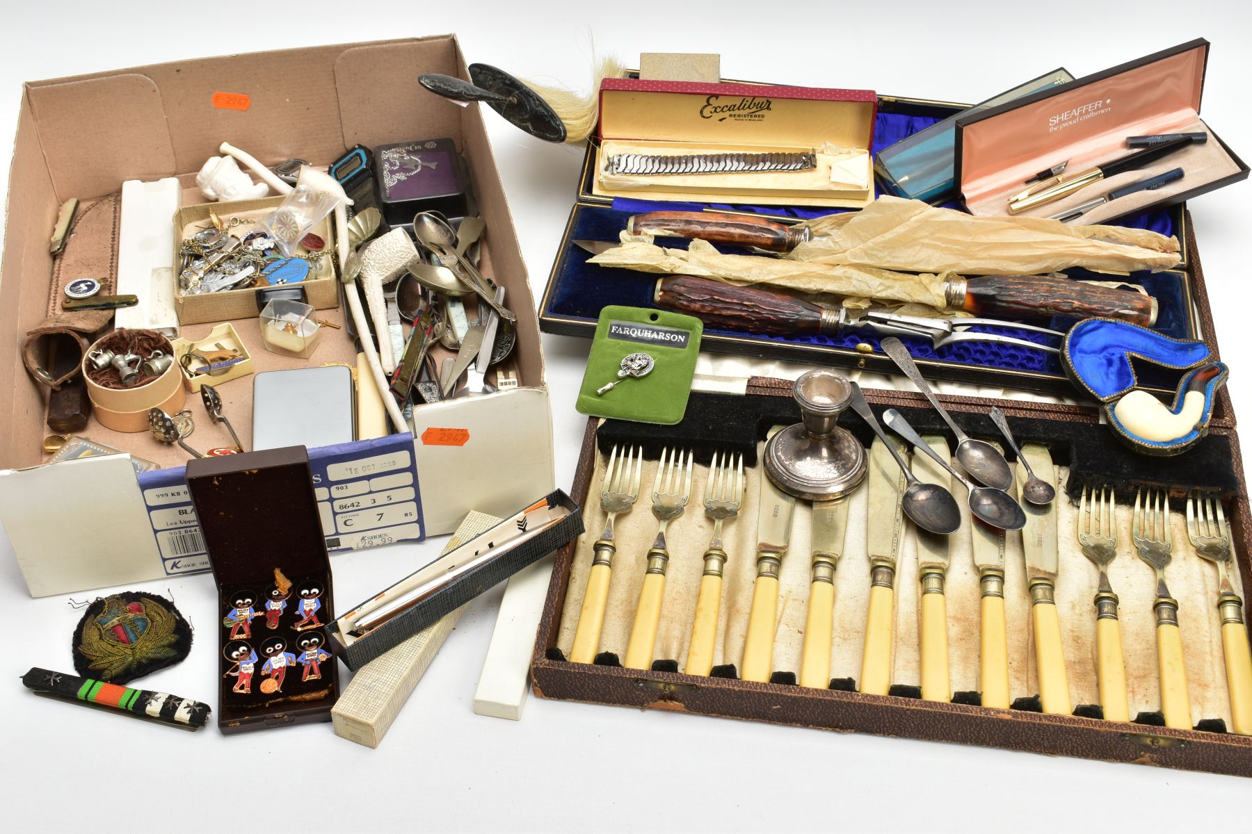 A BOX OF ASSORTED ITEMS, to include a 1940's James Robertson & Sons brooch collection, with six